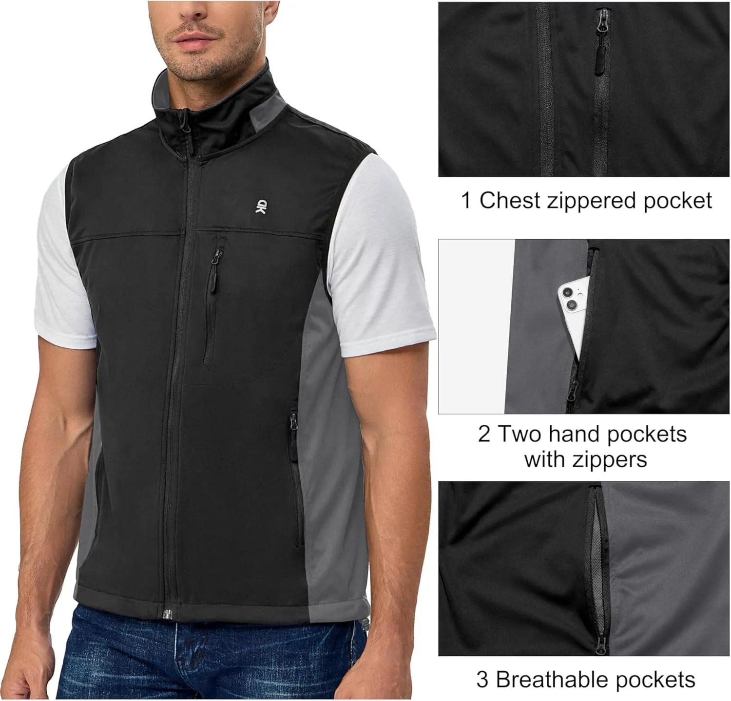 Little Donkey Andy Men's Softshell Vest, Lightweight Golf Vest Windproof Sleeveless Cycling Jacket for Running, Hiking