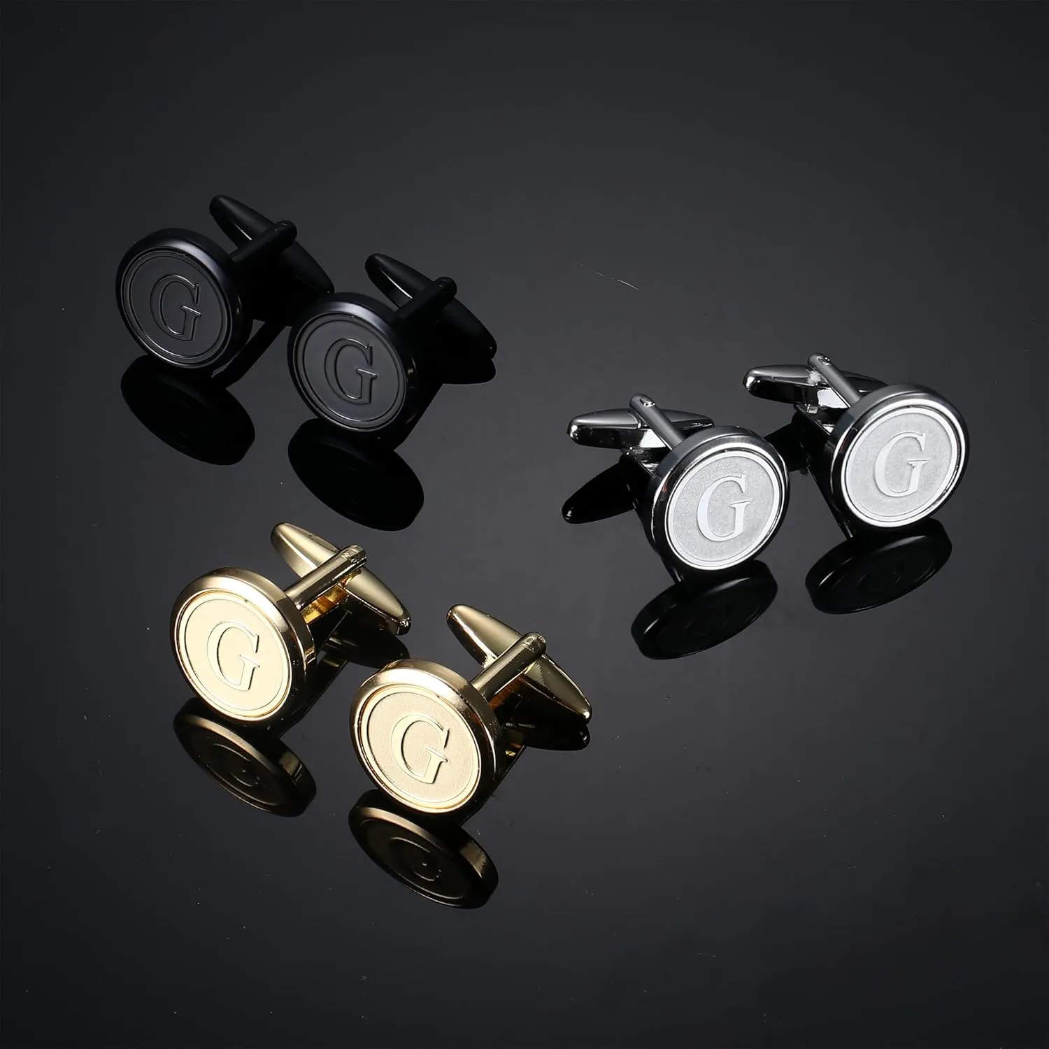 LOLIAS 3 Pairs Initial Cufflinks For Men Classic Mens CuffLinks Set Letter Cuff Links for Casual to Formal with Gift Box Silver Black Gold Cufflinks for Father Husband