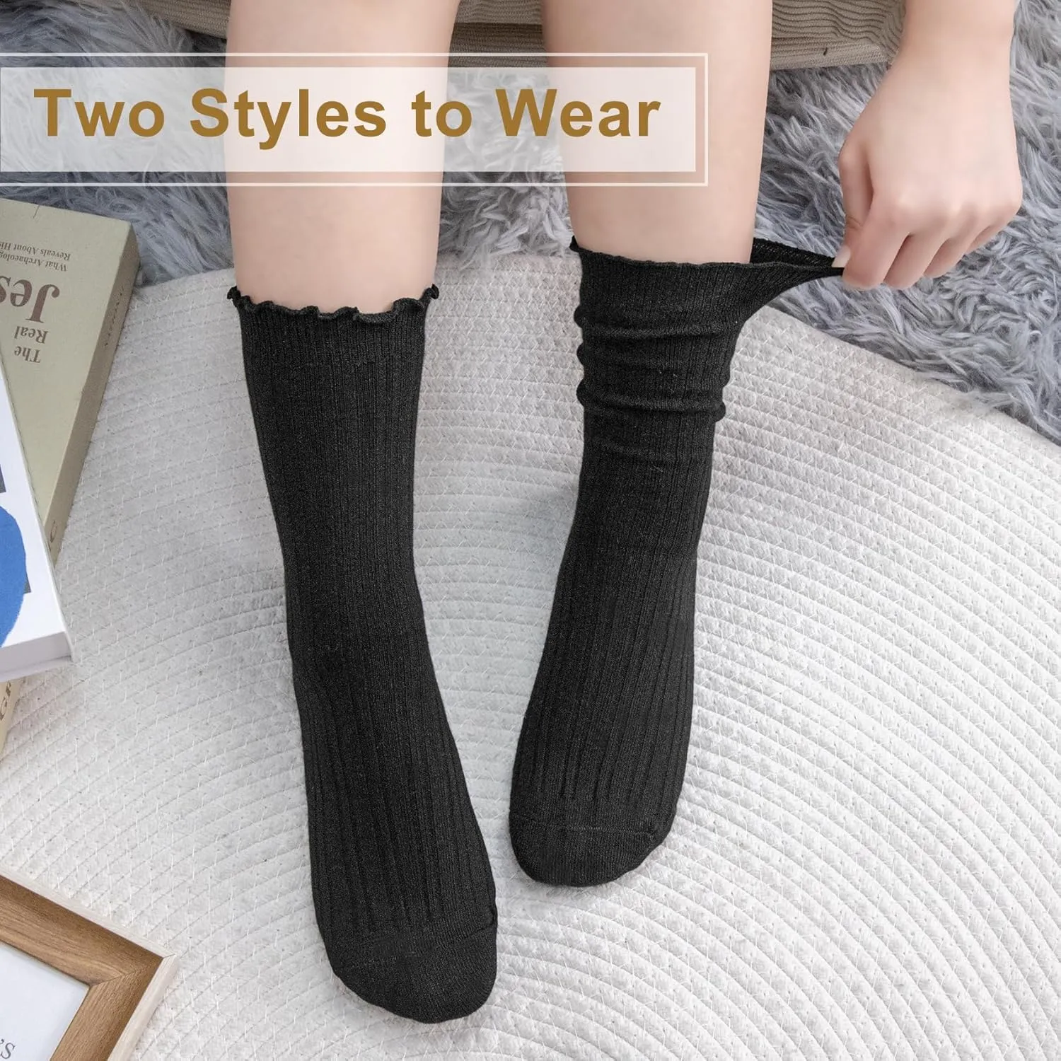 Loritta 6 Pairs Slouchy Socks for Women Cotton Ruffle Crew Turn-Cuff Sock Cute Casual Calf Slouch Socks