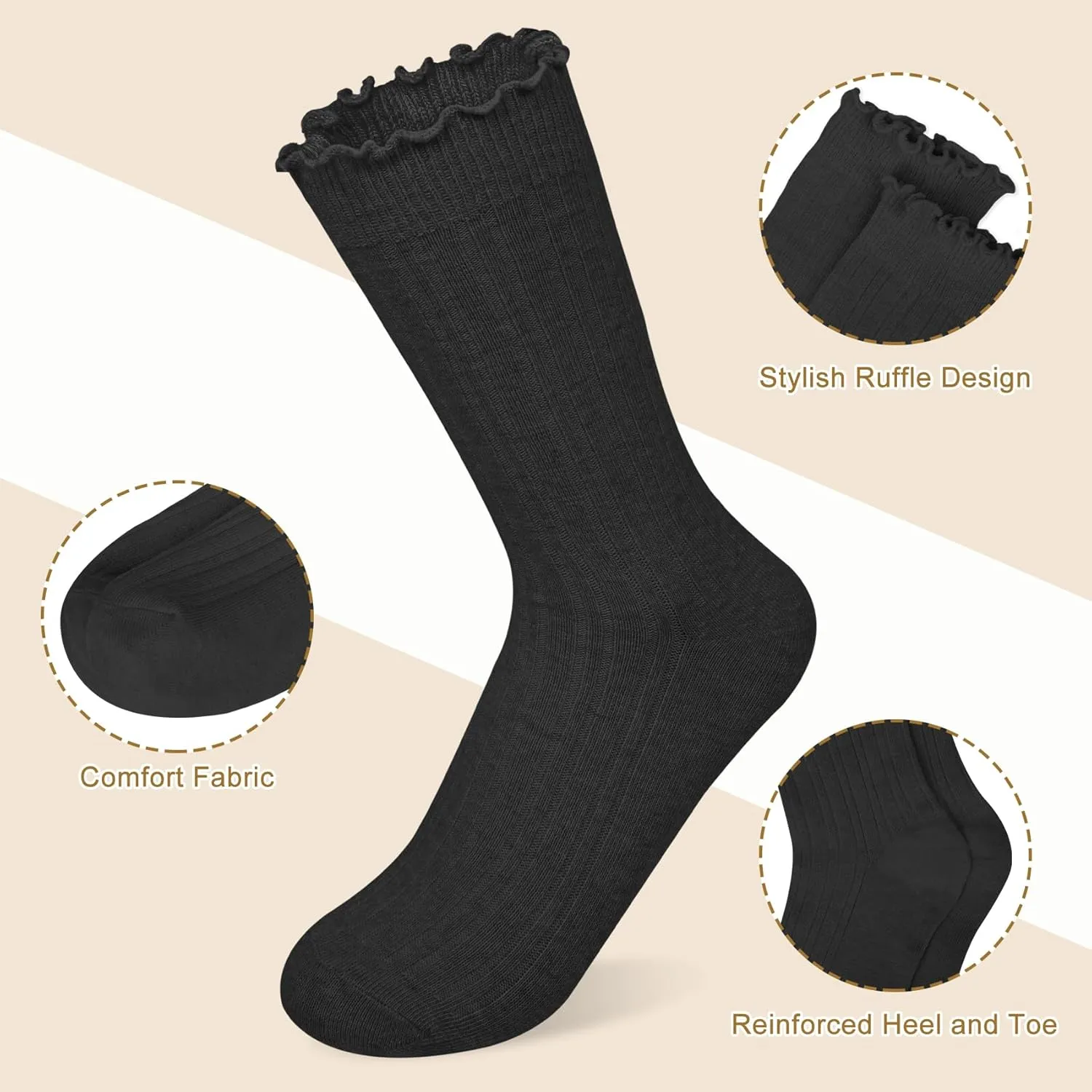 Loritta 6 Pairs Slouchy Socks for Women Cotton Ruffle Crew Turn-Cuff Sock Cute Casual Calf Slouch Socks