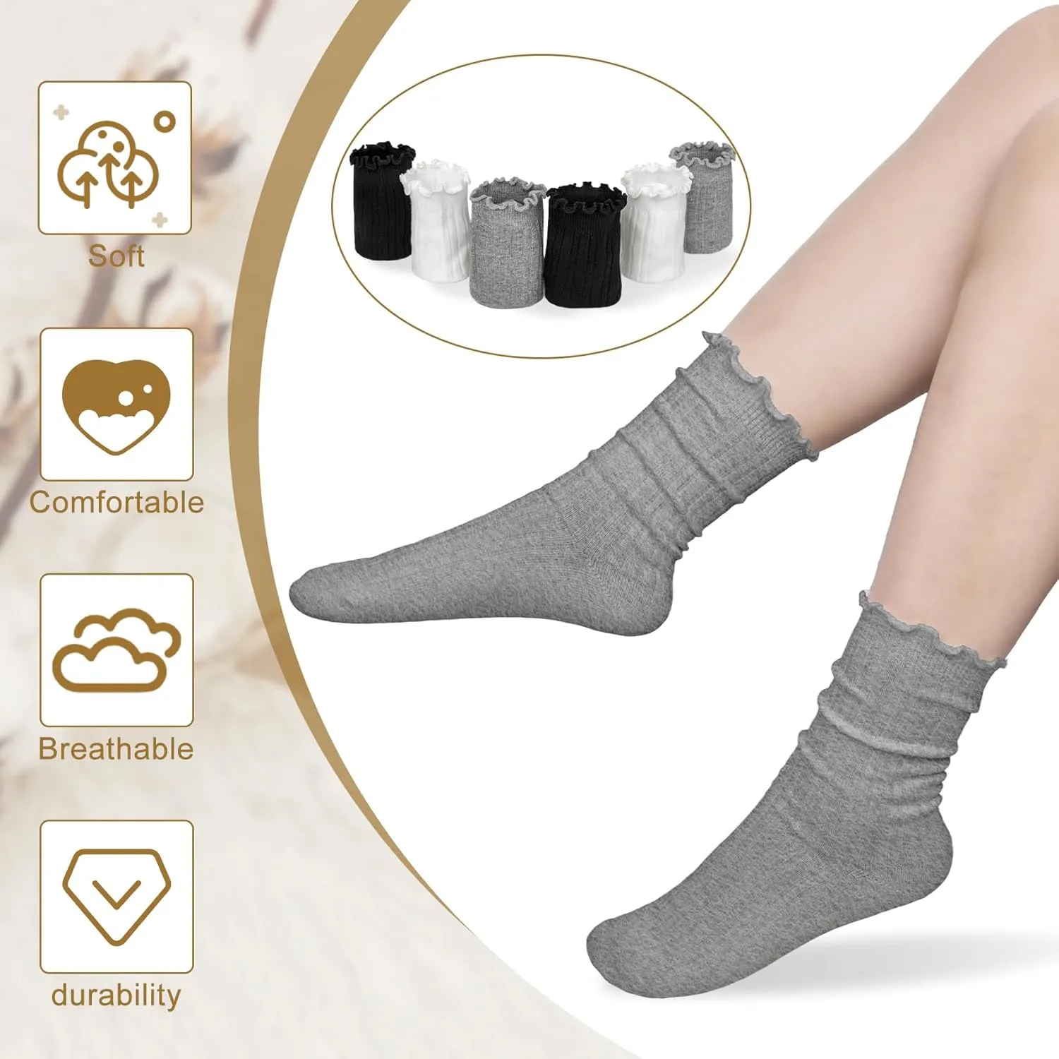 Loritta 6 Pairs Slouchy Socks for Women Cotton Ruffle Crew Turn-Cuff Sock Cute Casual Calf Slouch Socks