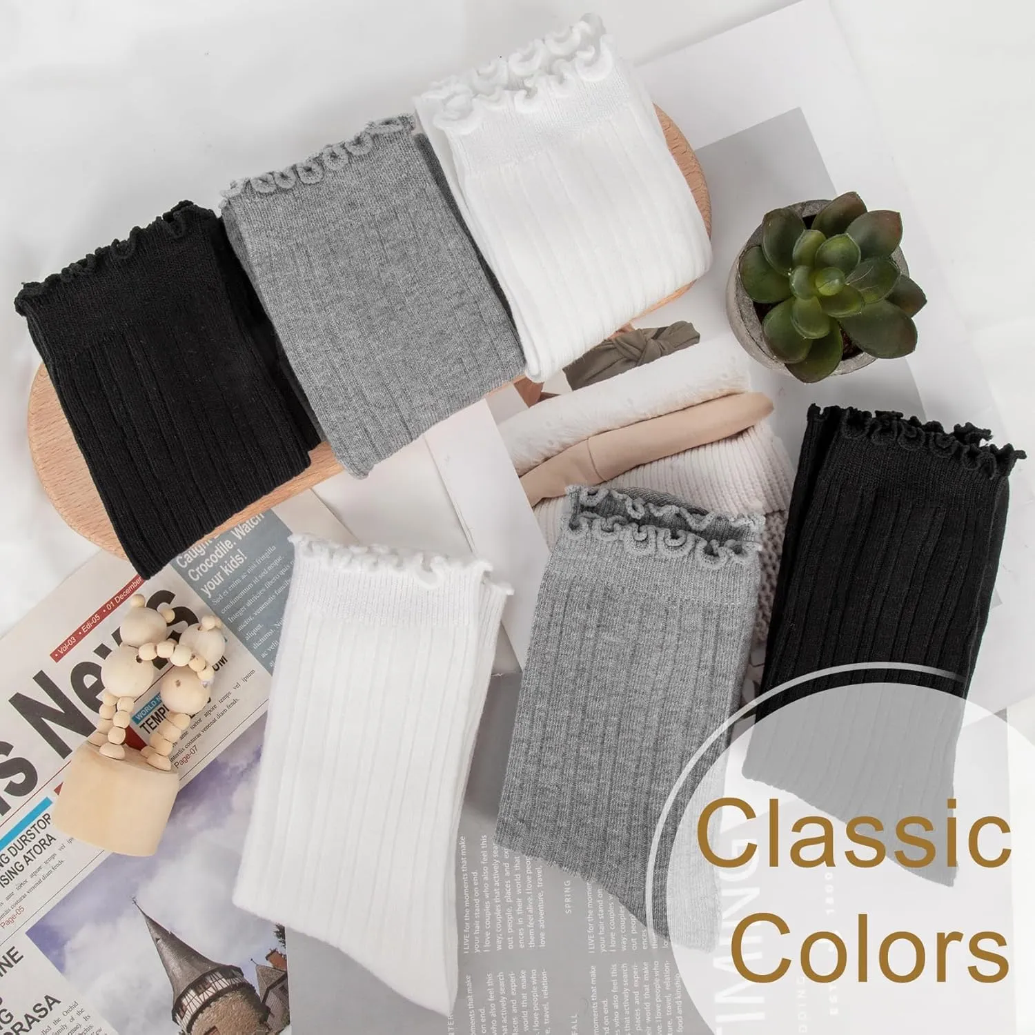 Loritta 6 Pairs Slouchy Socks for Women Cotton Ruffle Crew Turn-Cuff Sock Cute Casual Calf Slouch Socks