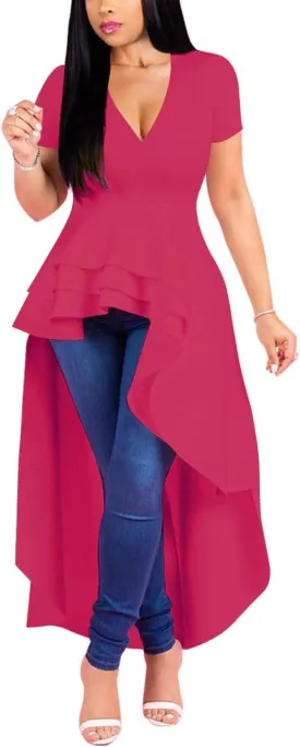 Lrady Womens V Neck Short Sleeve High Low Cocktail Party Dresses Peplum Tunic Tops Shirt Dress