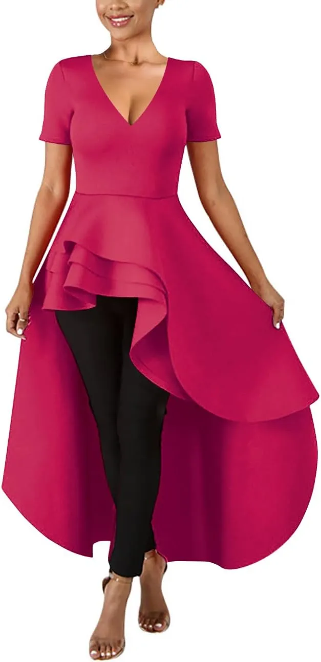 Lrady Womens V Neck Short Sleeve High Low Cocktail Party Dresses Peplum Tunic Tops Shirt Dress