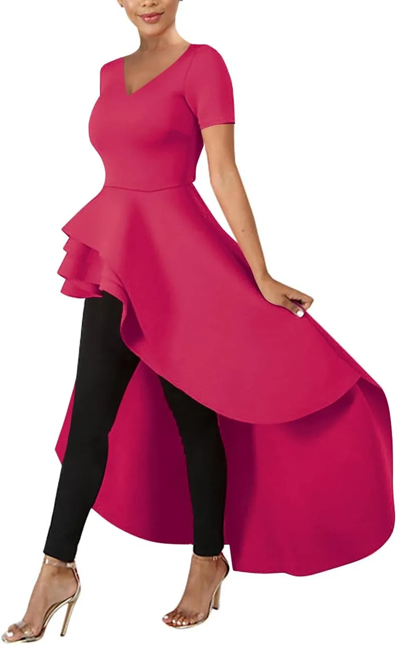 Lrady Womens V Neck Short Sleeve High Low Cocktail Party Dresses Peplum Tunic Tops Shirt Dress