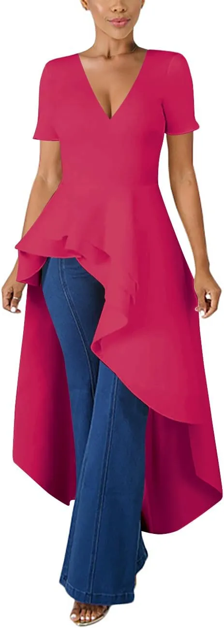 Lrady Womens V Neck Short Sleeve High Low Cocktail Party Dresses Peplum Tunic Tops Shirt Dress
