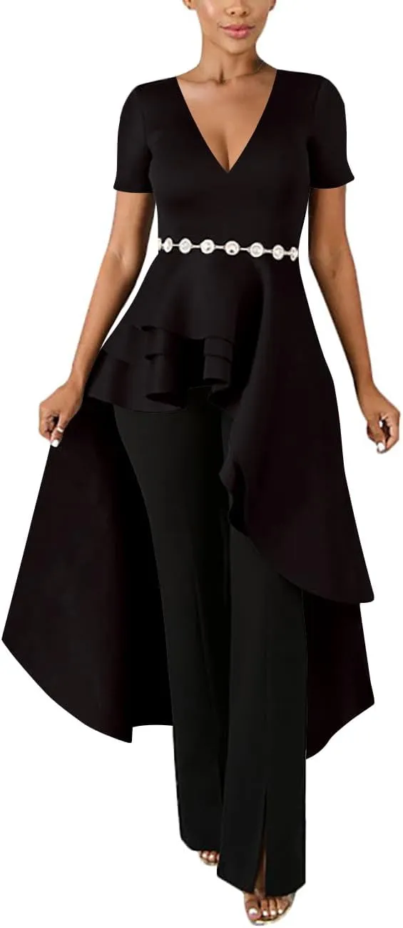 Lrady Womens V Neck Short Sleeve High Low Cocktail Party Dresses Peplum Tunic Tops Shirt Dress