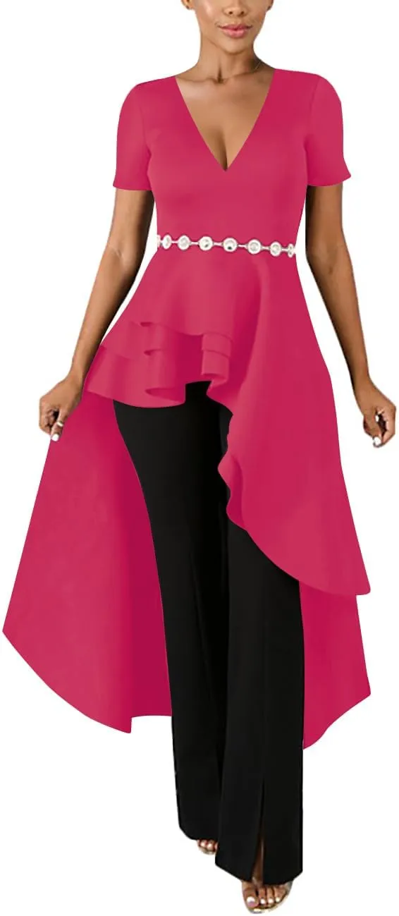Lrady Womens V Neck Short Sleeve High Low Cocktail Party Dresses Peplum Tunic Tops Shirt Dress