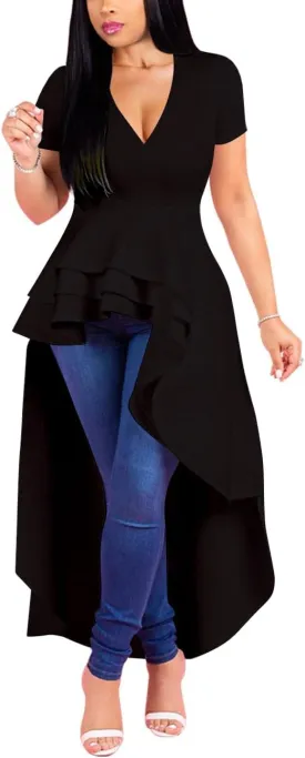 Lrady Womens V Neck Short Sleeve High Low Cocktail Party Dresses Peplum Tunic Tops Shirt Dress
