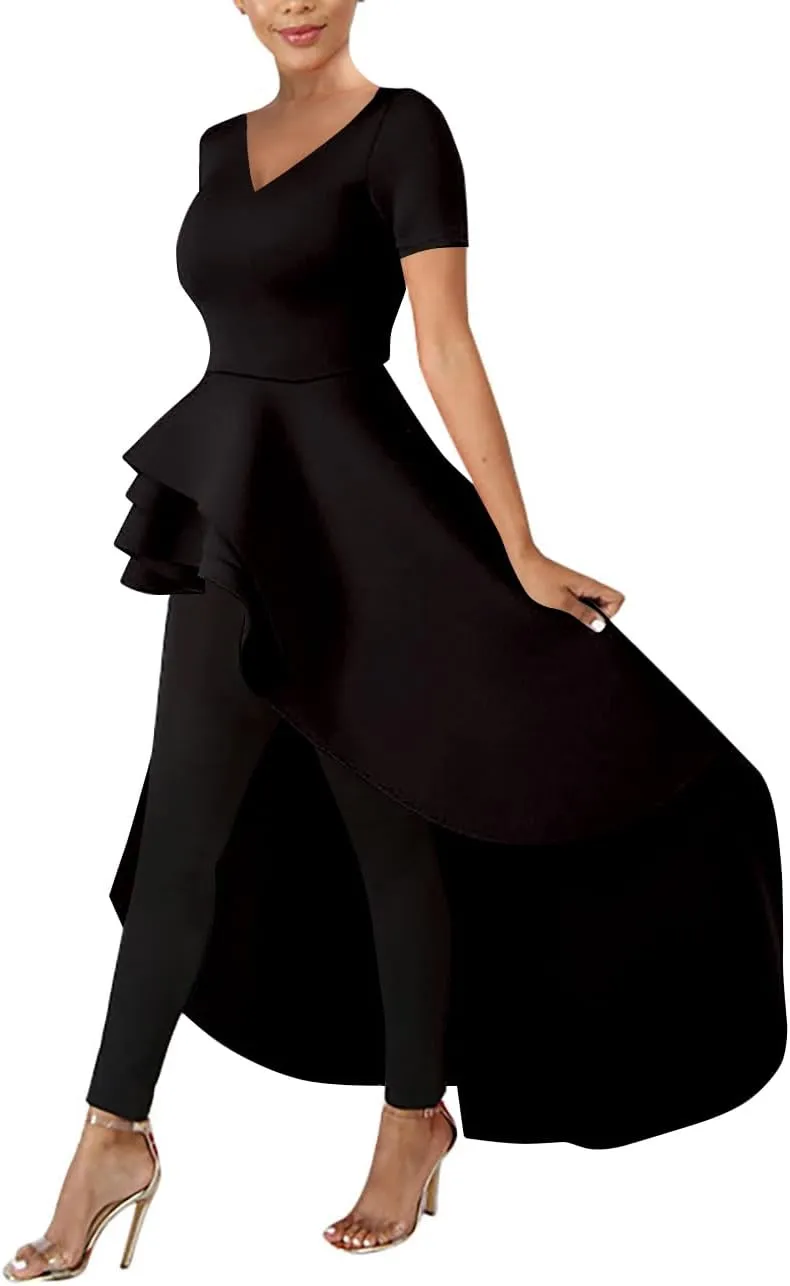 Lrady Womens V Neck Short Sleeve High Low Cocktail Party Dresses Peplum Tunic Tops Shirt Dress