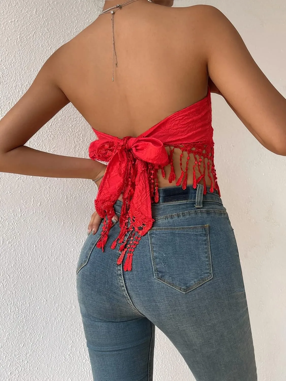 MakeMeChic Women's Boho Crop Tube Top Floral Tie Back Cute Bandana Tops