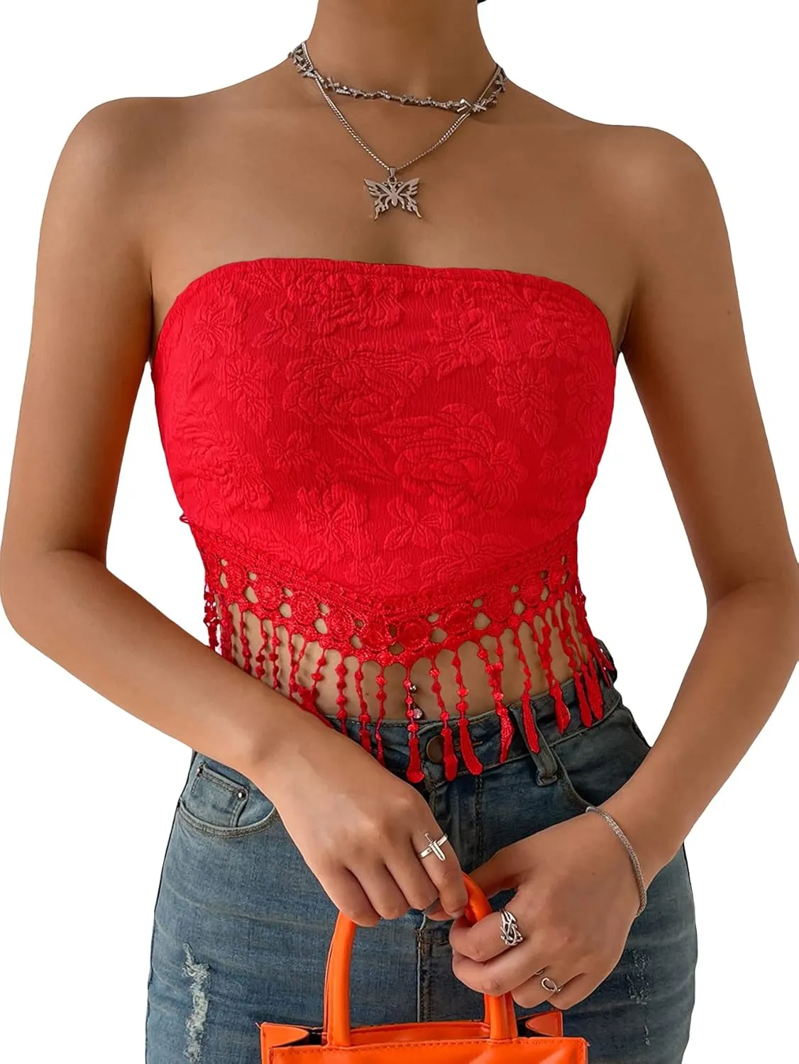 MakeMeChic Women's Boho Crop Tube Top Floral Tie Back Cute Bandana Tops
