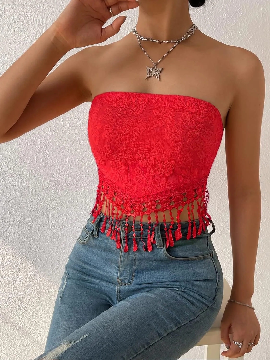 MakeMeChic Women's Boho Crop Tube Top Floral Tie Back Cute Bandana Tops