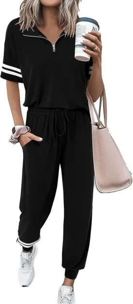 MASCOMODA 2 Piece Outfits for Women 2025 Summer Casual Quarter Zip Short Sleeve Tops Long Pants Tracksuit Jogger Lounge Sets