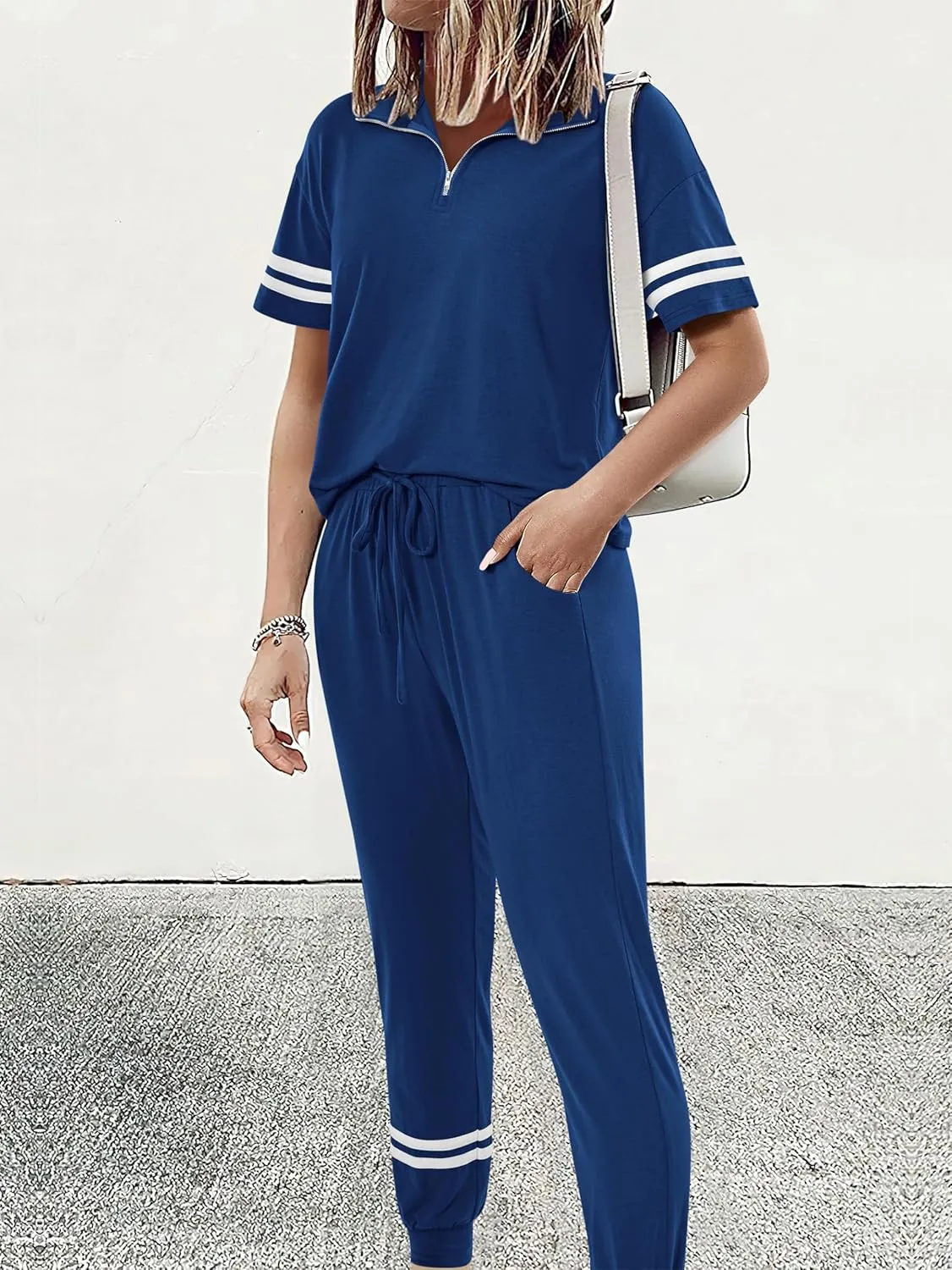 MASCOMODA 2 Piece Outfits for Women 2025 Summer Casual Quarter Zip Short Sleeve Tops Long Pants Tracksuit Jogger Lounge Sets