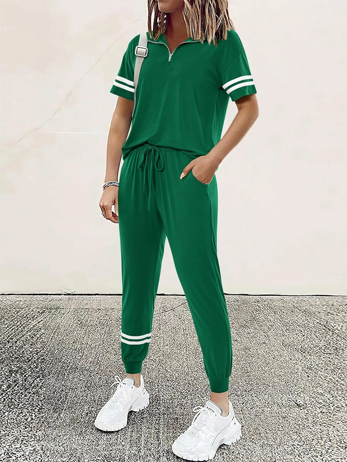 MASCOMODA 2 Piece Outfits for Women 2025 Summer Casual Quarter Zip Short Sleeve Tops Long Pants Tracksuit Jogger Lounge Sets