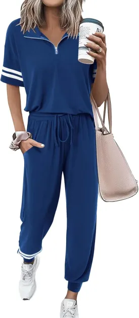MASCOMODA 2 Piece Outfits for Women 2025 Summer Casual Quarter Zip Short Sleeve Tops Long Pants Tracksuit Jogger Lounge Sets