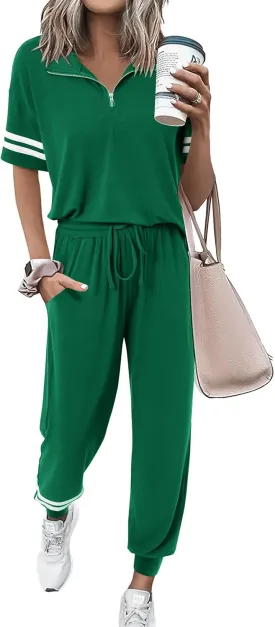 MASCOMODA 2 Piece Outfits for Women 2025 Summer Casual Quarter Zip Short Sleeve Tops Long Pants Tracksuit Jogger Lounge Sets