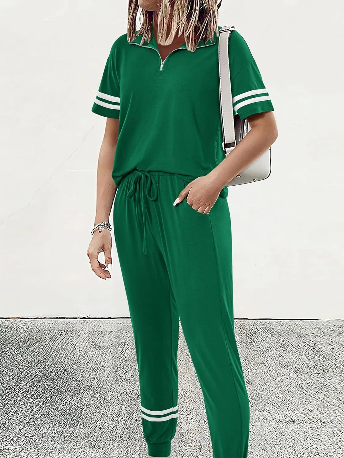 MASCOMODA 2 Piece Outfits for Women 2025 Summer Casual Quarter Zip Short Sleeve Tops Long Pants Tracksuit Jogger Lounge Sets