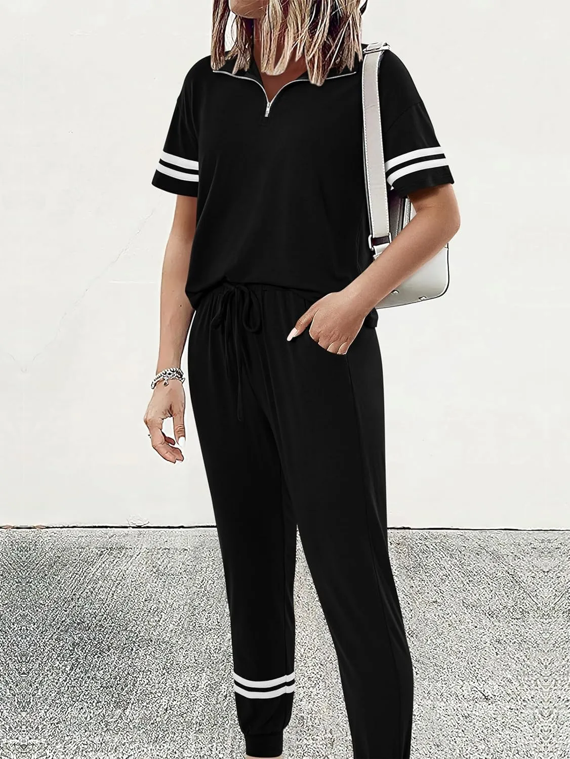 MASCOMODA 2 Piece Outfits for Women 2025 Summer Casual Quarter Zip Short Sleeve Tops Long Pants Tracksuit Jogger Lounge Sets