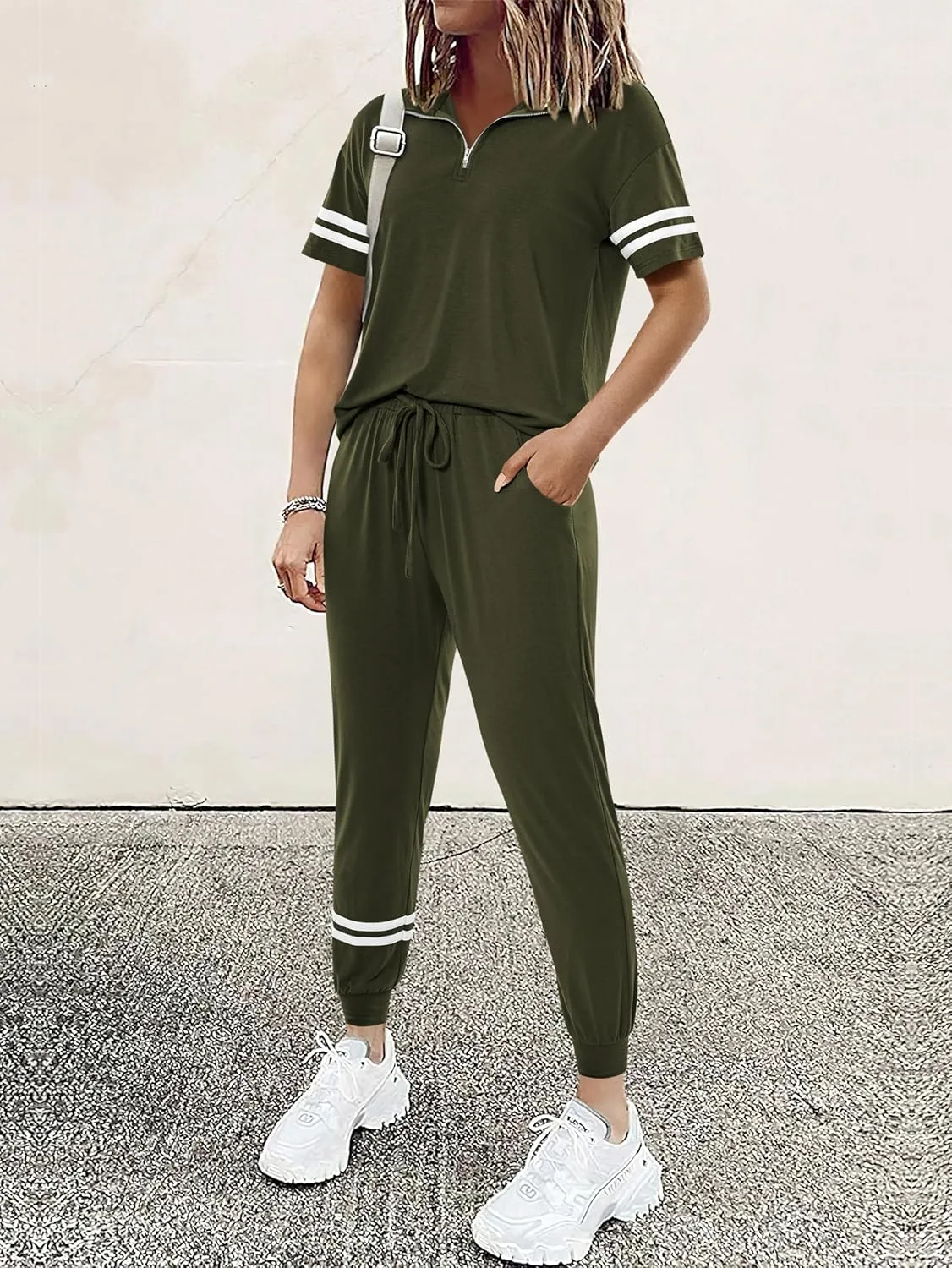 MASCOMODA 2 Piece Outfits for Women 2025 Summer Casual Quarter Zip Short Sleeve Tops Long Pants Tracksuit Jogger Lounge Sets