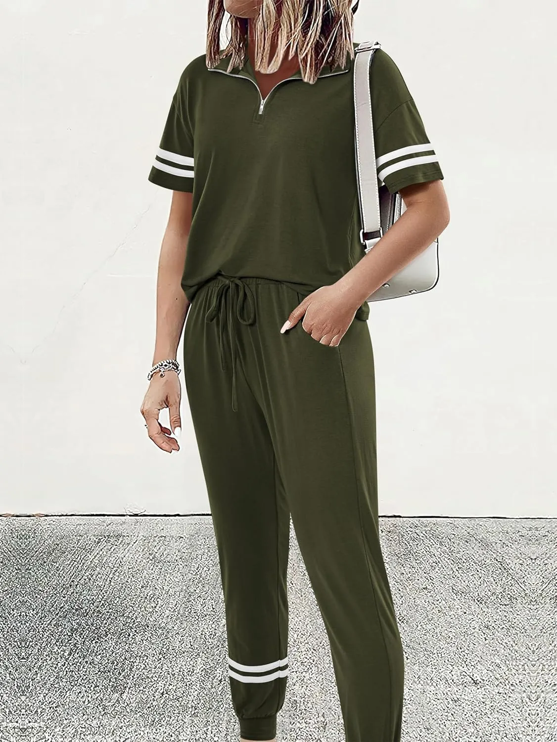 MASCOMODA 2 Piece Outfits for Women 2025 Summer Casual Quarter Zip Short Sleeve Tops Long Pants Tracksuit Jogger Lounge Sets