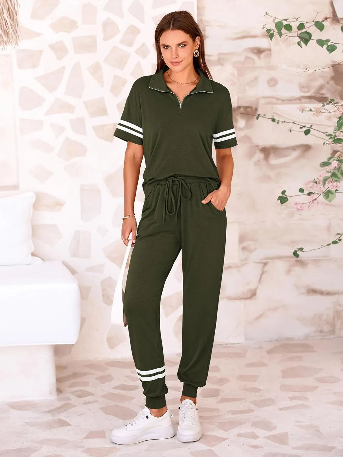 MASCOMODA 2 Piece Outfits for Women 2025 Summer Casual Quarter Zip Short Sleeve Tops Long Pants Tracksuit Jogger Lounge Sets