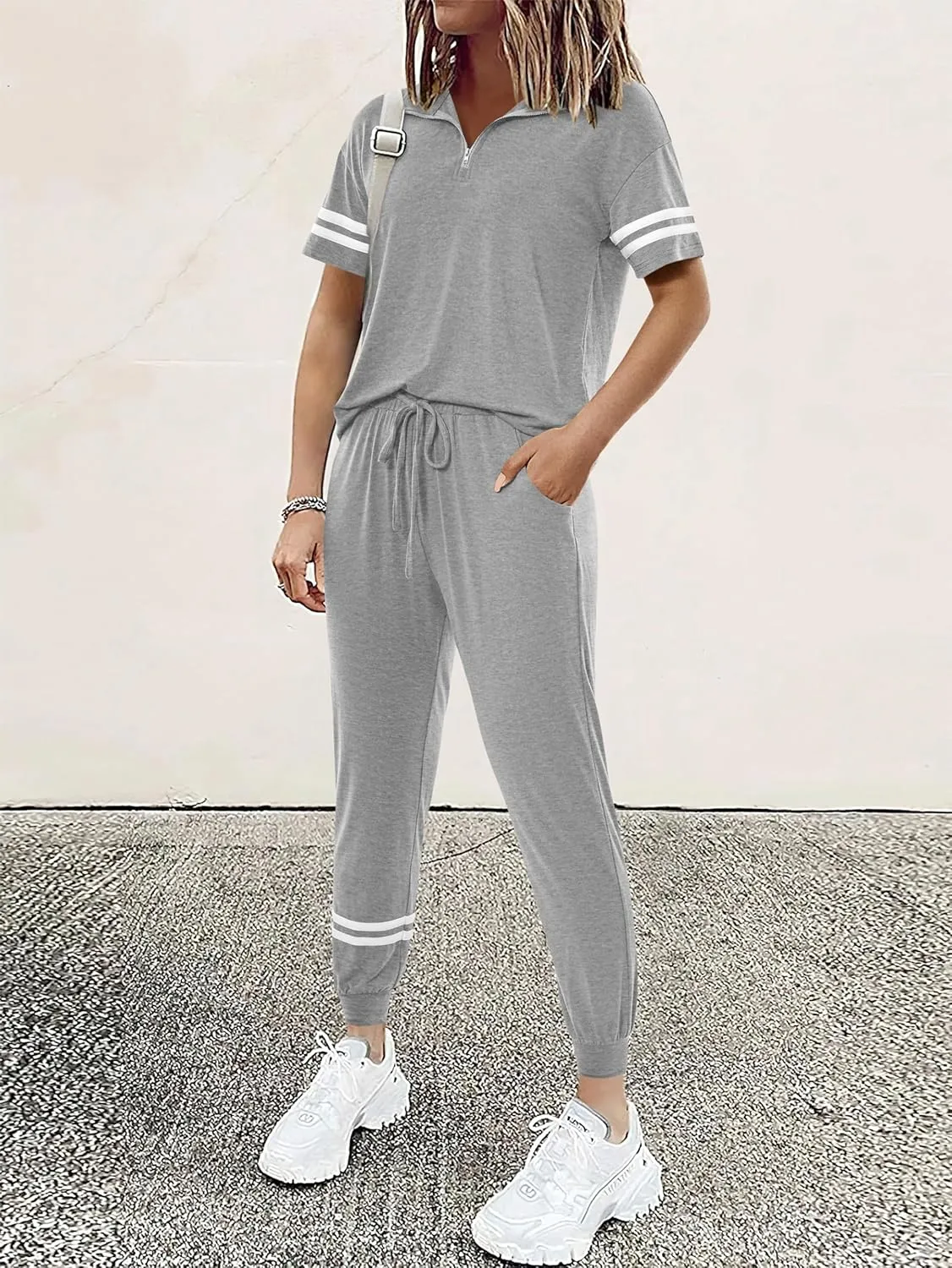 MASCOMODA 2 Piece Outfits for Women 2025 Summer Casual Quarter Zip Short Sleeve Tops Long Pants Tracksuit Jogger Lounge Sets