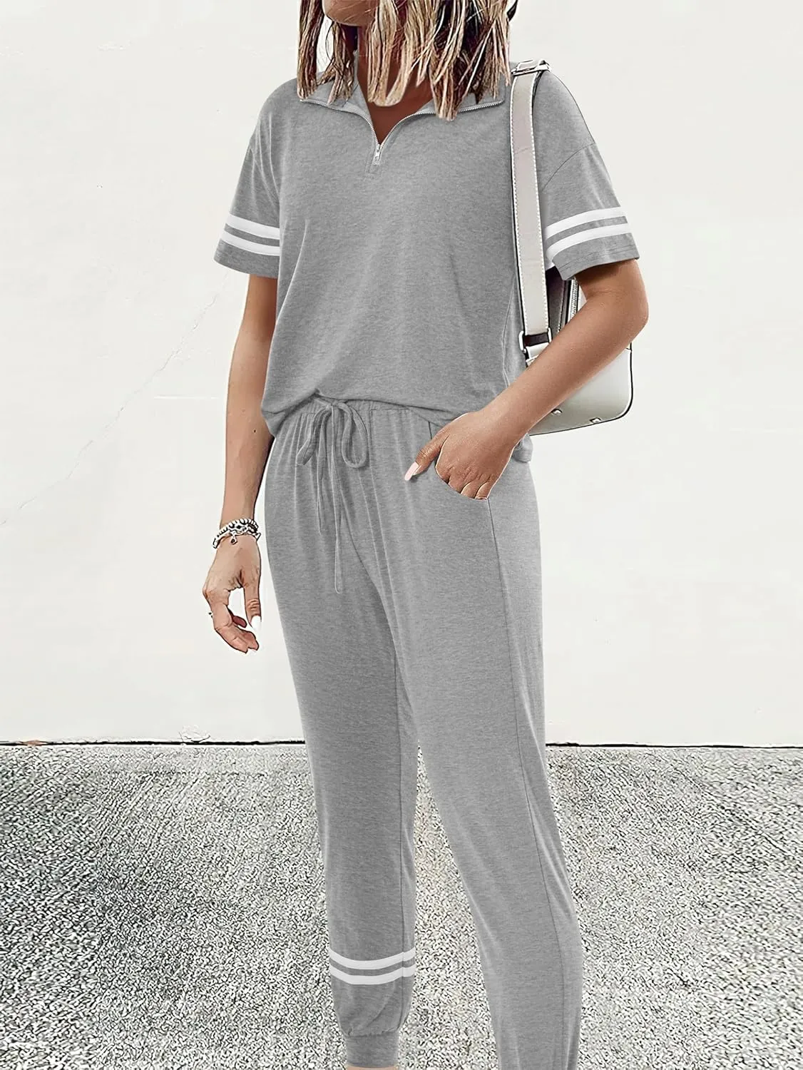 MASCOMODA 2 Piece Outfits for Women 2025 Summer Casual Quarter Zip Short Sleeve Tops Long Pants Tracksuit Jogger Lounge Sets