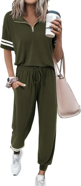 MASCOMODA 2 Piece Outfits for Women 2025 Summer Casual Quarter Zip Short Sleeve Tops Long Pants Tracksuit Jogger Lounge Sets