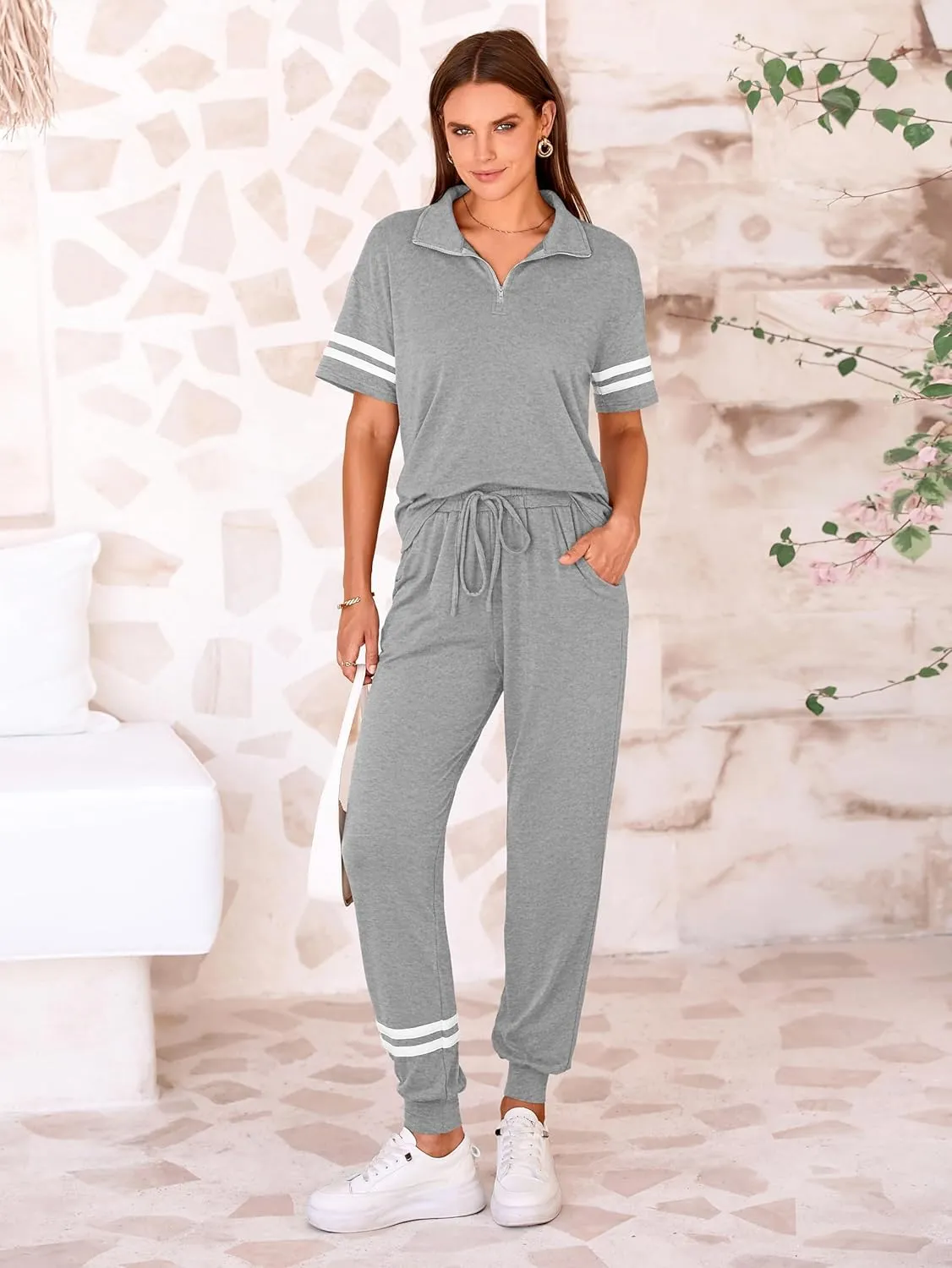 MASCOMODA 2 Piece Outfits for Women 2025 Summer Casual Quarter Zip Short Sleeve Tops Long Pants Tracksuit Jogger Lounge Sets