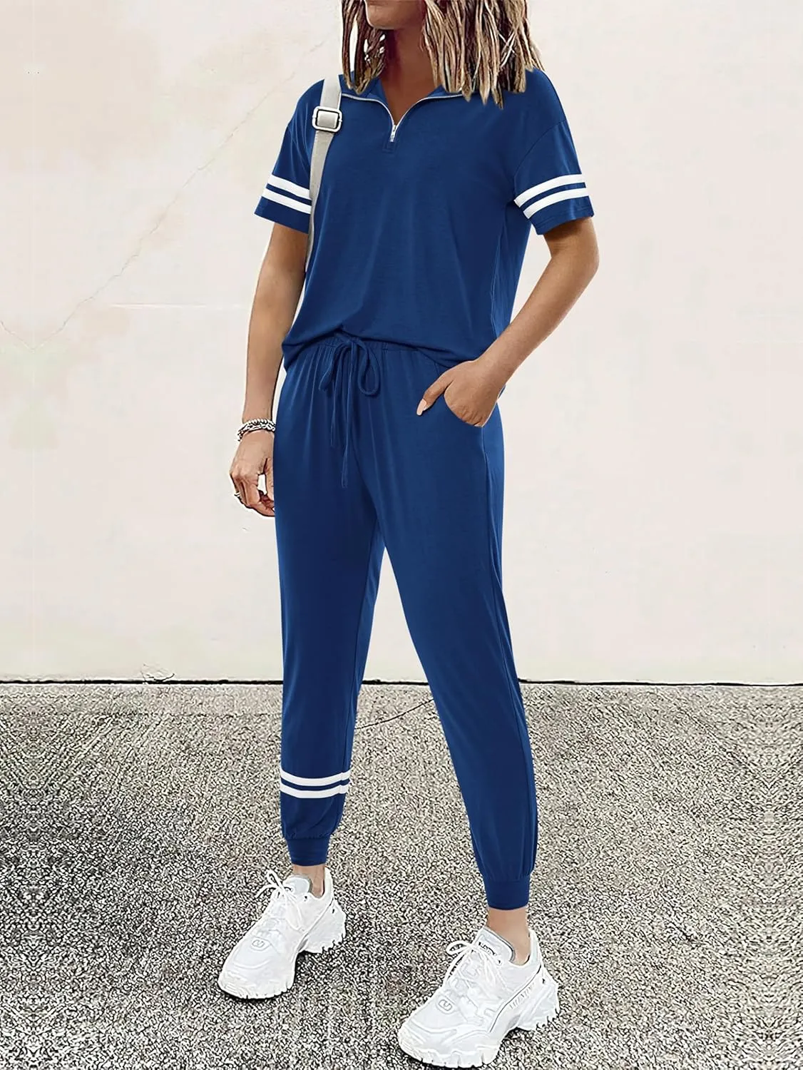 MASCOMODA 2 Piece Outfits for Women 2025 Summer Casual Quarter Zip Short Sleeve Tops Long Pants Tracksuit Jogger Lounge Sets