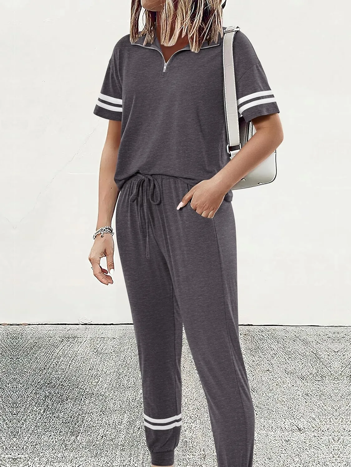 MASCOMODA 2 Piece Outfits for Women 2025 Summer Casual Quarter Zip Short Sleeve Tops Long Pants Tracksuit Jogger Lounge Sets