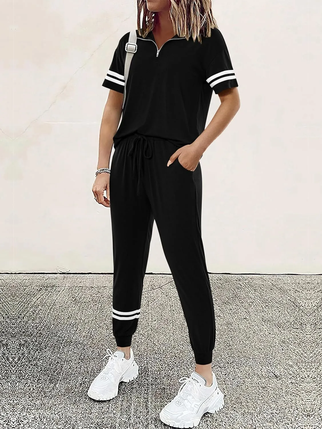 MASCOMODA 2 Piece Outfits for Women 2025 Summer Casual Quarter Zip Short Sleeve Tops Long Pants Tracksuit Jogger Lounge Sets