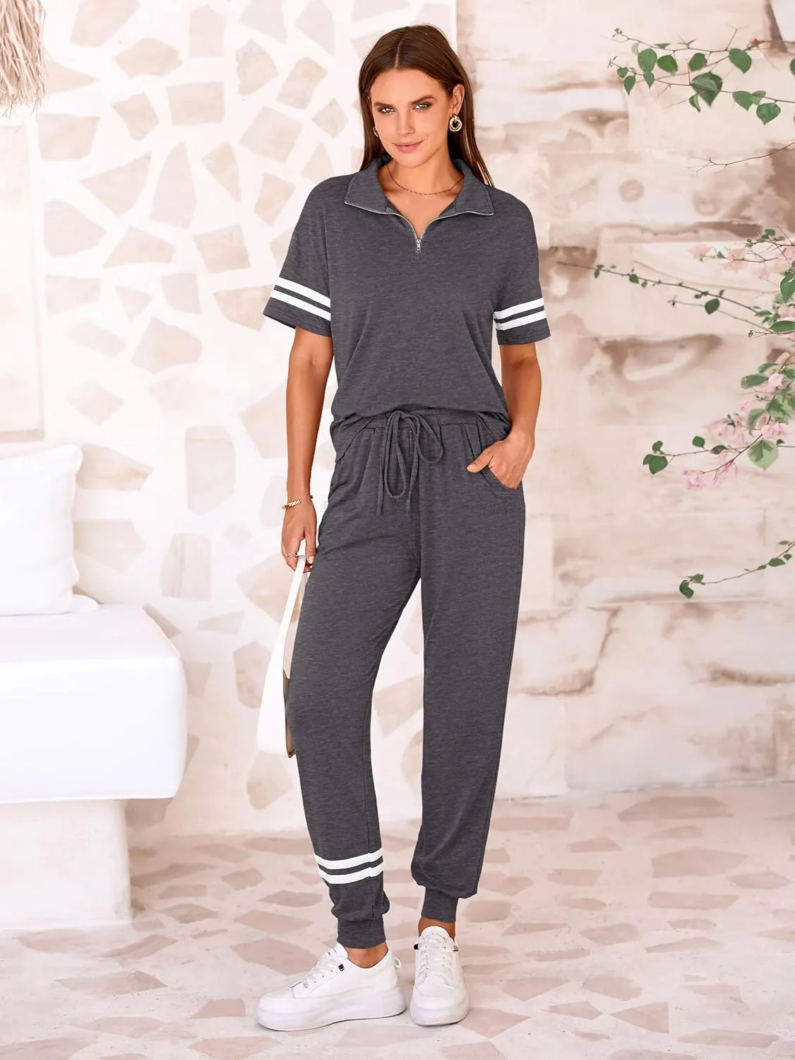 MASCOMODA 2 Piece Outfits for Women 2025 Summer Casual Quarter Zip Short Sleeve Tops Long Pants Tracksuit Jogger Lounge Sets