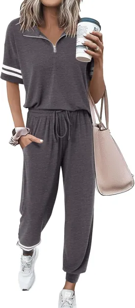 MASCOMODA 2 Piece Outfits for Women 2025 Summer Casual Quarter Zip Short Sleeve Tops Long Pants Tracksuit Jogger Lounge Sets