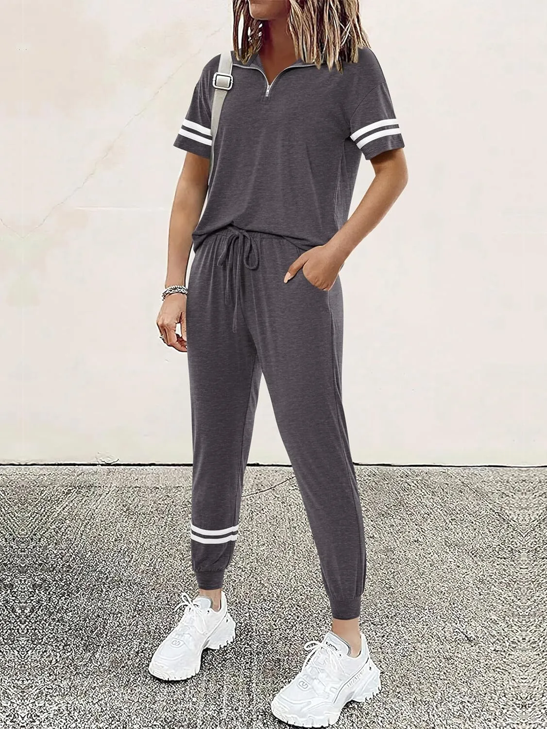 MASCOMODA 2 Piece Outfits for Women 2025 Summer Casual Quarter Zip Short Sleeve Tops Long Pants Tracksuit Jogger Lounge Sets