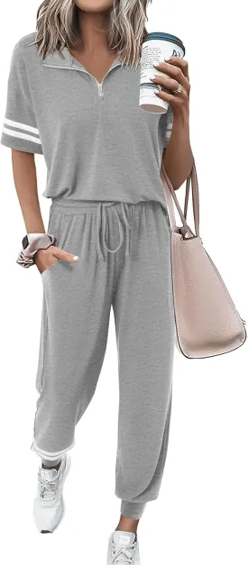 MASCOMODA 2 Piece Outfits for Women 2025 Summer Casual Quarter Zip Short Sleeve Tops Long Pants Tracksuit Jogger Lounge Sets