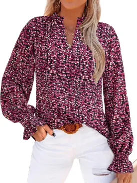 MASCOMODA Casual Spring Summer Chiffon Puff V Neck Trendy Tops for Womens 2025 Floral Dressy Long Sleeve Blouses Work Shirts