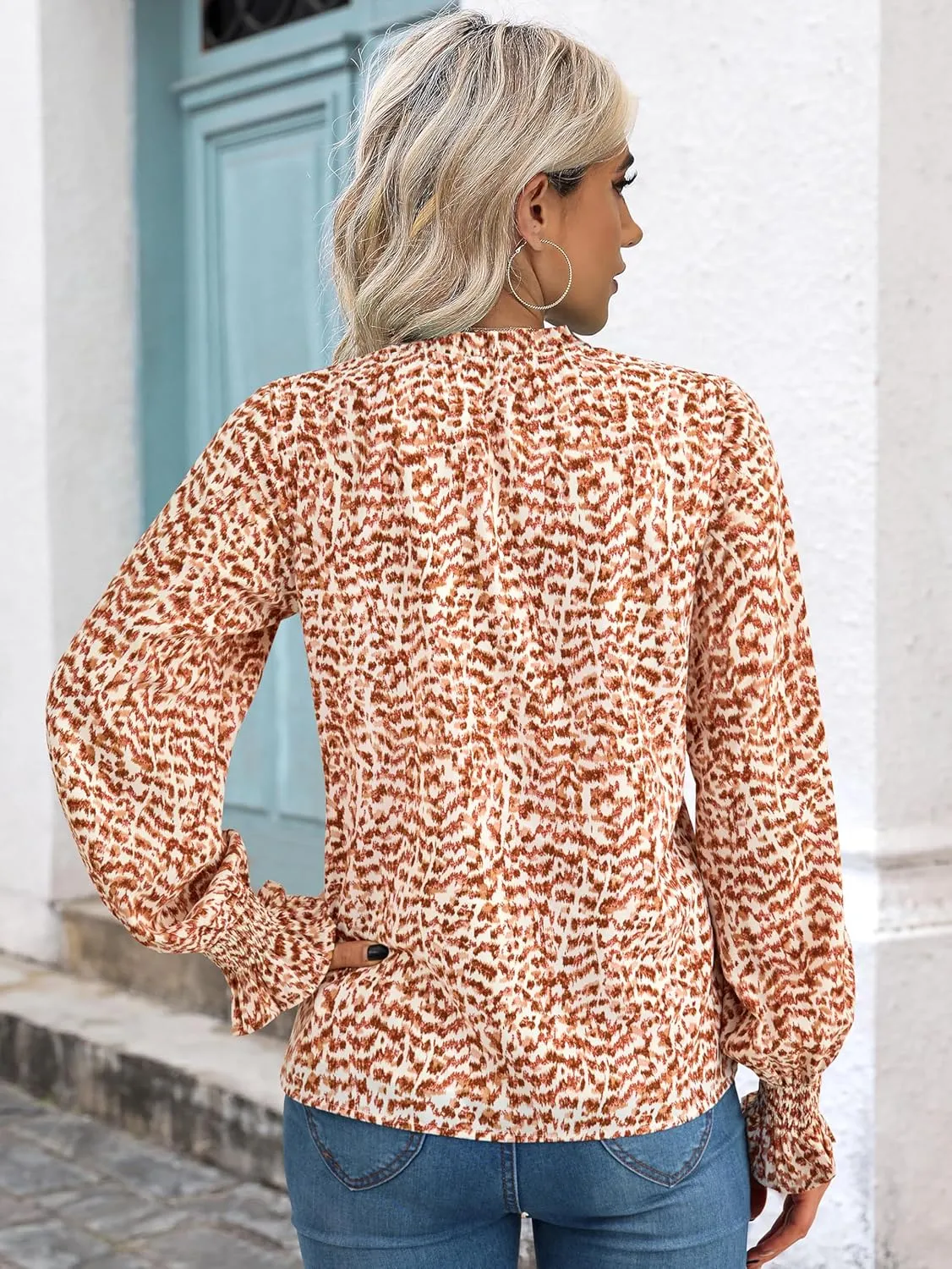 MASCOMODA Casual Spring Summer Chiffon Puff V Neck Trendy Tops for Womens 2025 Floral Dressy Long Sleeve Blouses Work Shirts