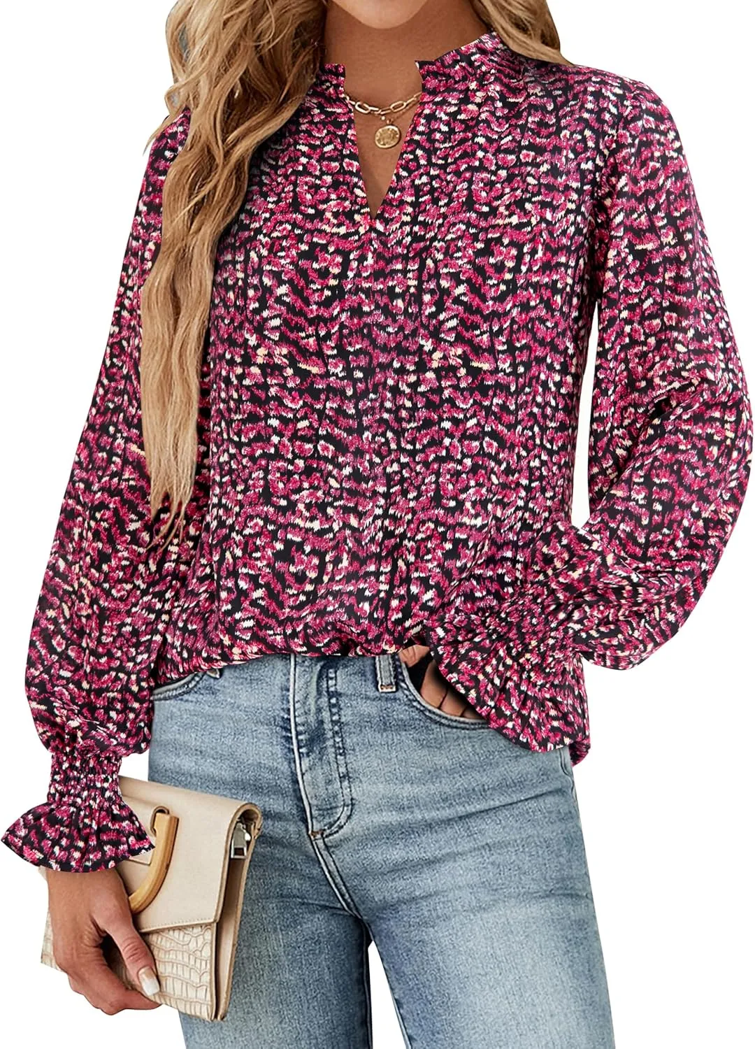MASCOMODA Casual Spring Summer Chiffon Puff V Neck Trendy Tops for Womens 2025 Floral Dressy Long Sleeve Blouses Work Shirts