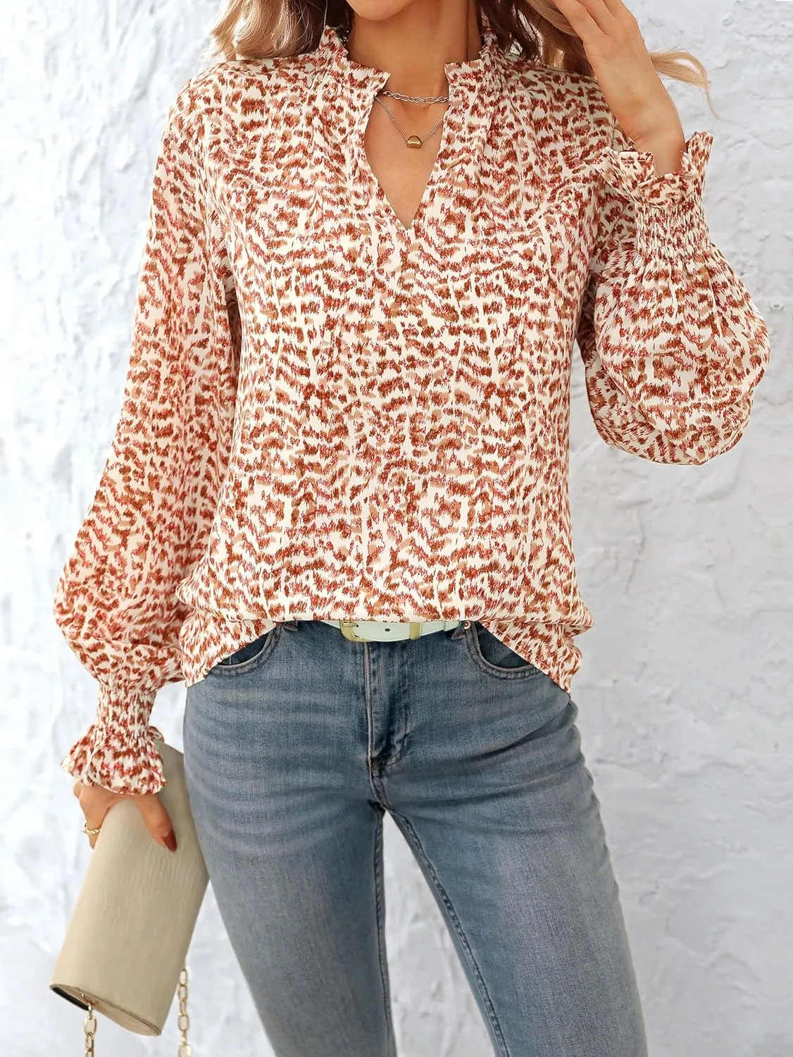 MASCOMODA Casual Spring Summer Chiffon Puff V Neck Trendy Tops for Womens 2025 Floral Dressy Long Sleeve Blouses Work Shirts