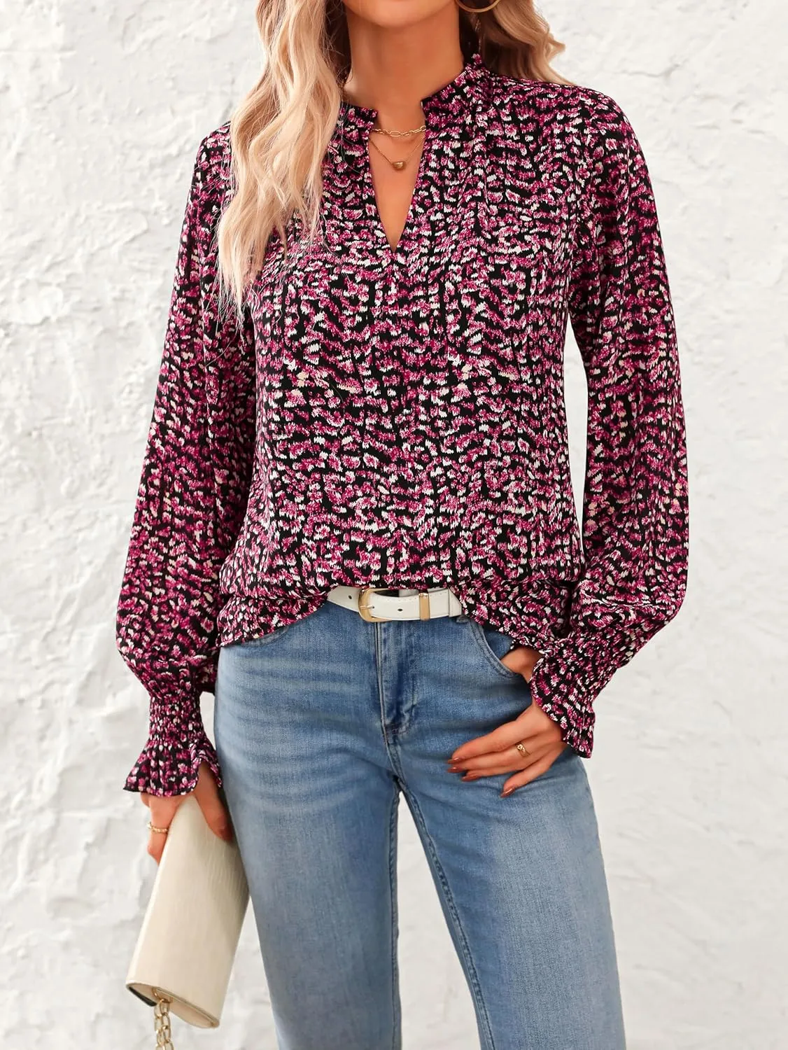 MASCOMODA Casual Spring Summer Chiffon Puff V Neck Trendy Tops for Womens 2025 Floral Dressy Long Sleeve Blouses Work Shirts