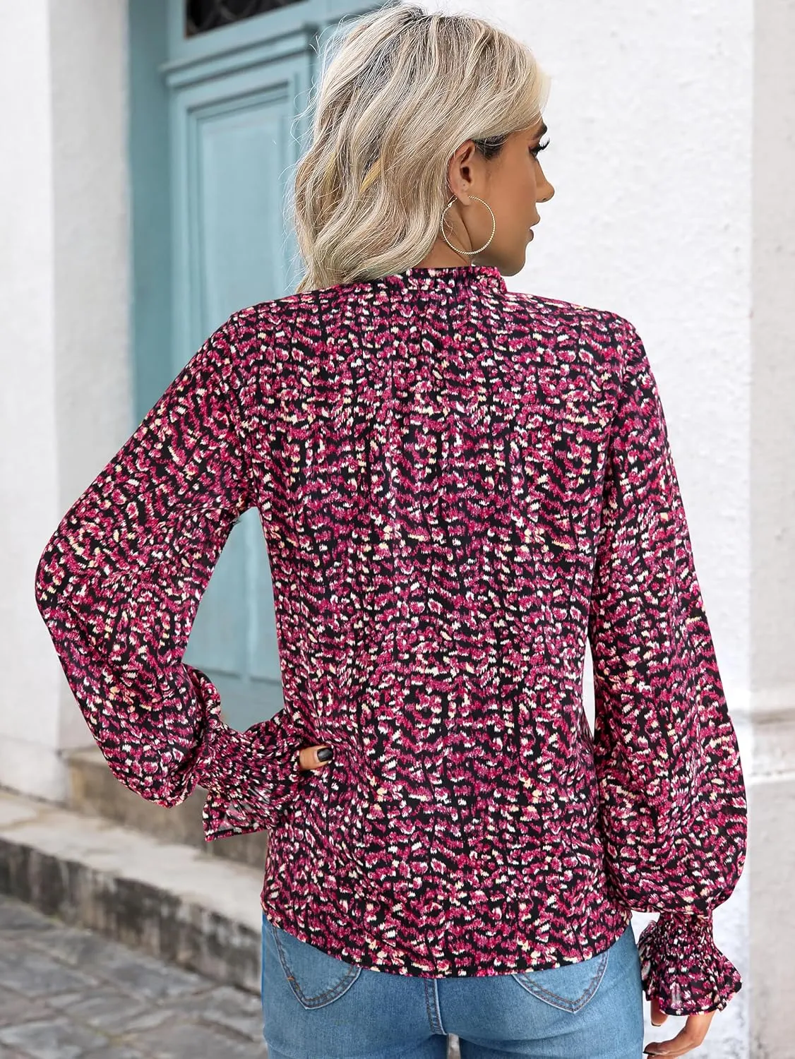 MASCOMODA Casual Spring Summer Chiffon Puff V Neck Trendy Tops for Womens 2025 Floral Dressy Long Sleeve Blouses Work Shirts