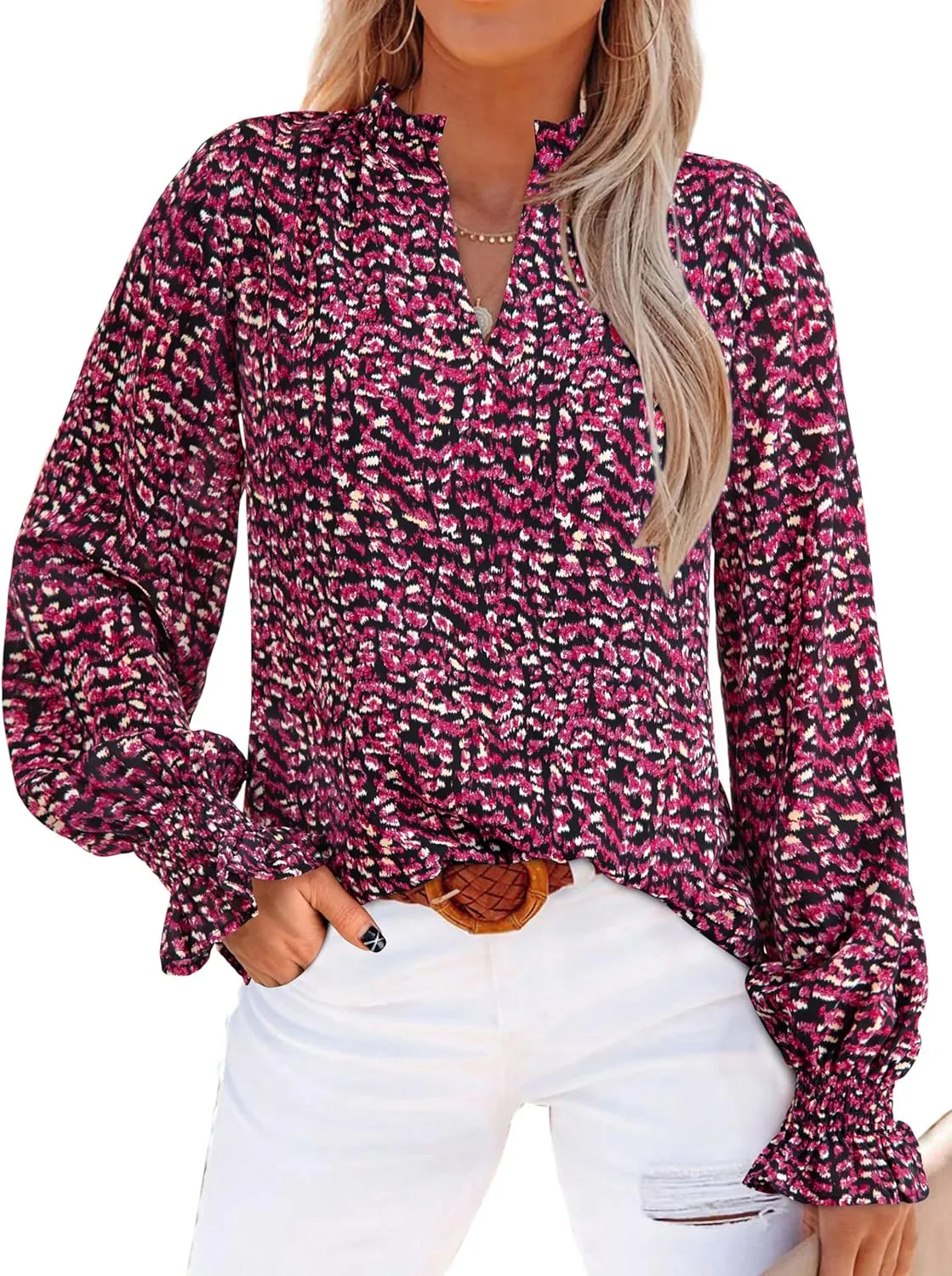 MASCOMODA Casual Spring Summer Chiffon Puff V Neck Trendy Tops for Womens 2025 Floral Dressy Long Sleeve Blouses Work Shirts