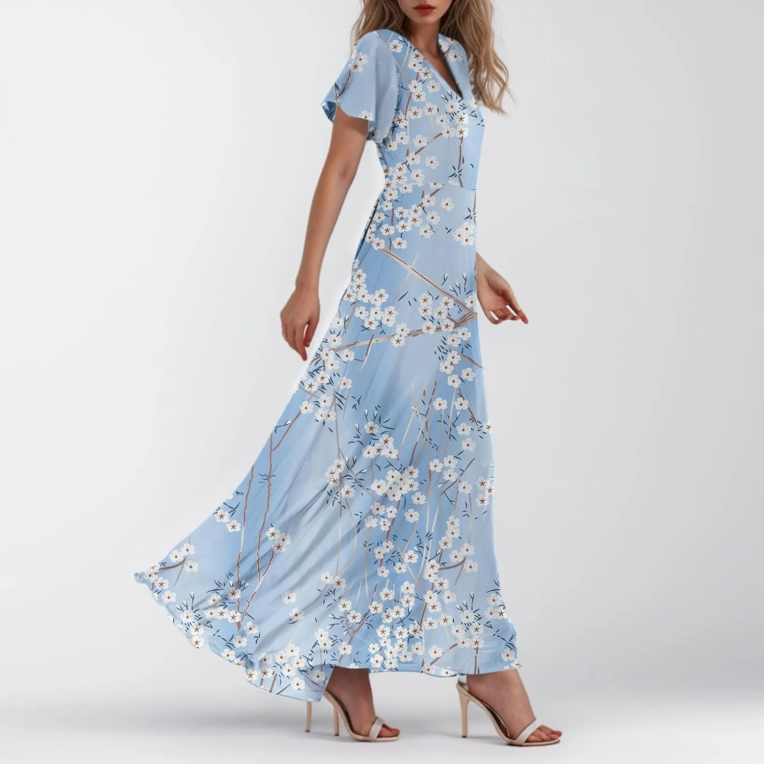 Maxi Dresses for Women,2025 Summer Trendy Floral Boho Dress,Casual V Neck Short Sleeve Chiffon Flowy Beach Dress