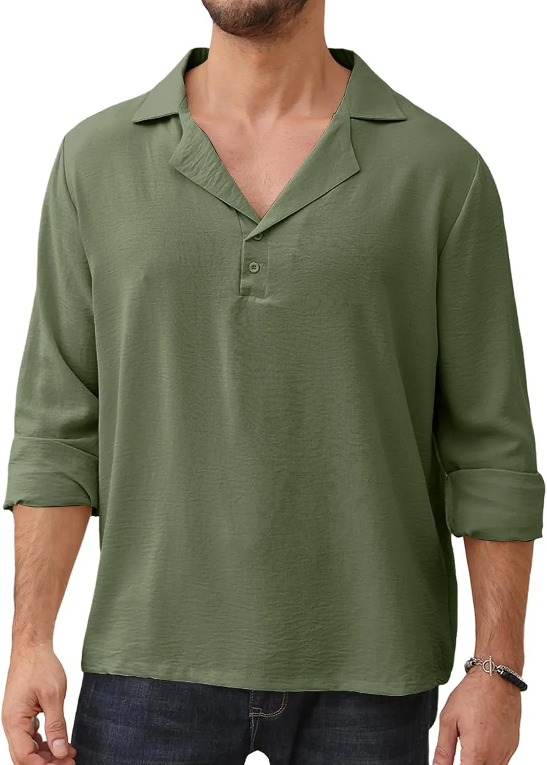 Mens Fashion Polo Shirts Long Sleeve Button Up T Shirts Summer Beach V-Neck Casual Shirts Solid Colour Tops