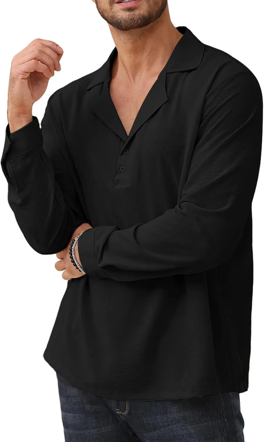 Mens Fashion Polo Shirts Long Sleeve Button Up T Shirts Summer Beach V-Neck Casual Shirts Solid Colour Tops