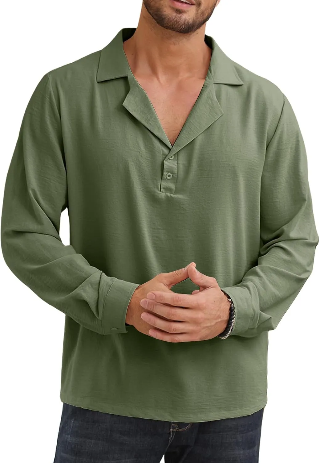 Mens Fashion Polo Shirts Long Sleeve Button Up T Shirts Summer Beach V-Neck Casual Shirts Solid Colour Tops
