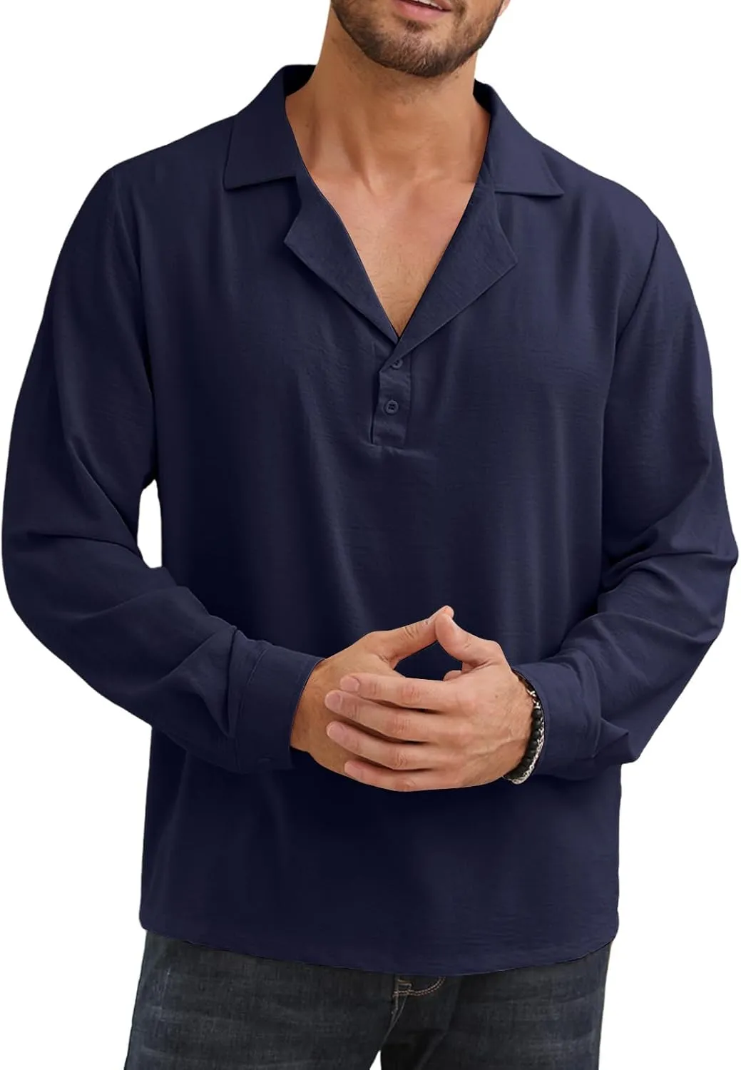 Mens Fashion Polo Shirts Long Sleeve Button Up T Shirts Summer Beach V-Neck Casual Shirts Solid Colour Tops